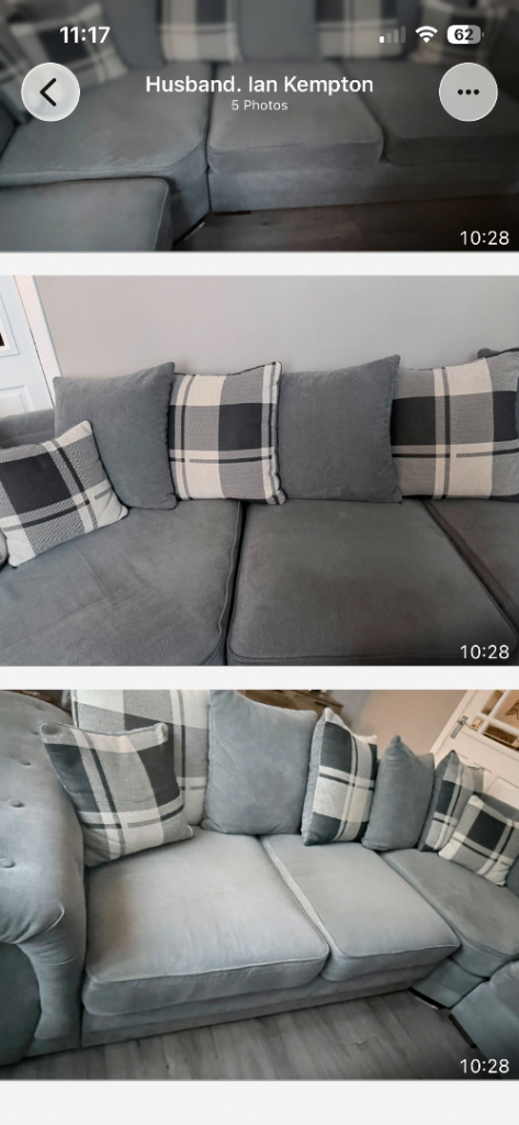 Comfortable Grey Fabric Corner Sofa with Footstool – Good Condition