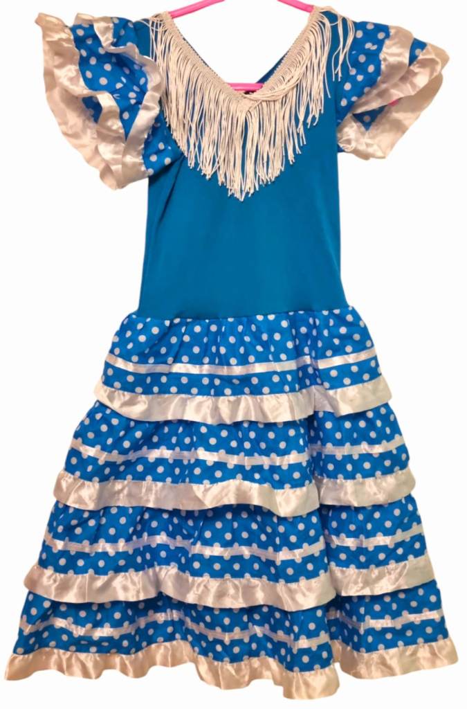 Spanish Flamenco Blue Polka Dot Dress for Girls (Age 5) – Perfect for Dance and Special Occasions