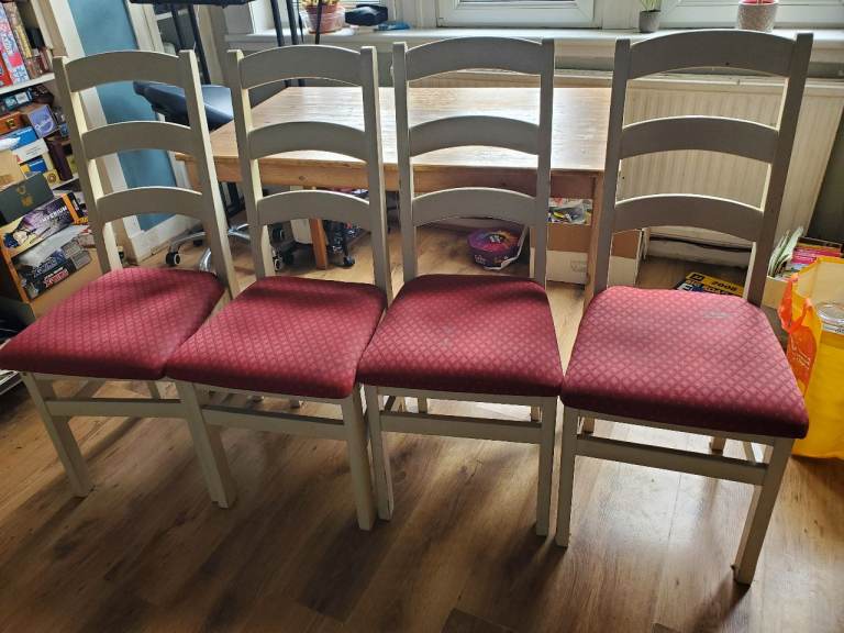 Set of 4 White Wooden Dining Chairs with Red Fabric Seats