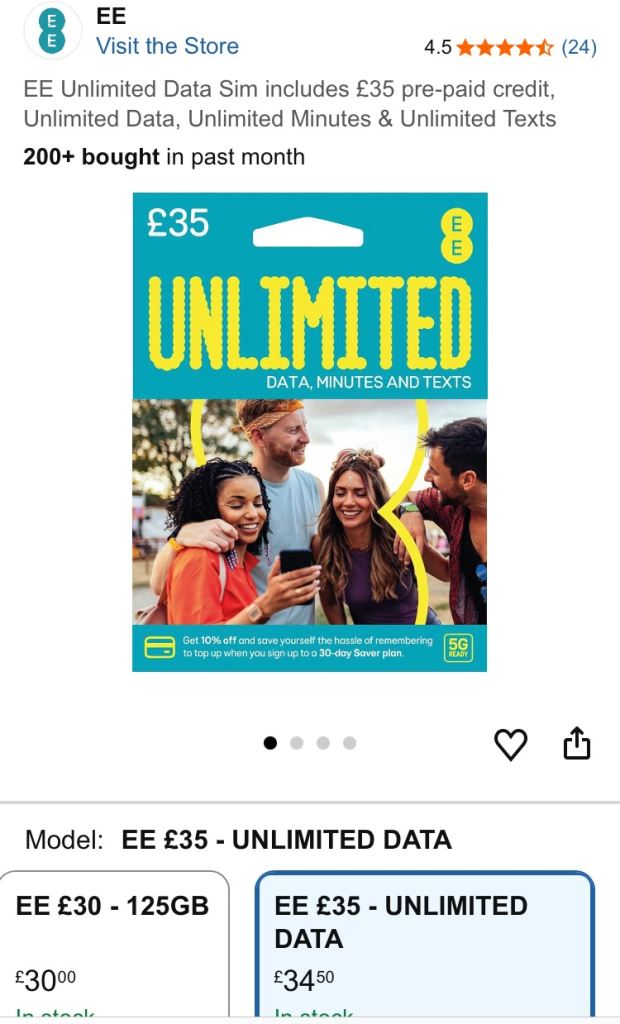 EE Unlimited Data SIM Card with £35 Pre-Paid Credit