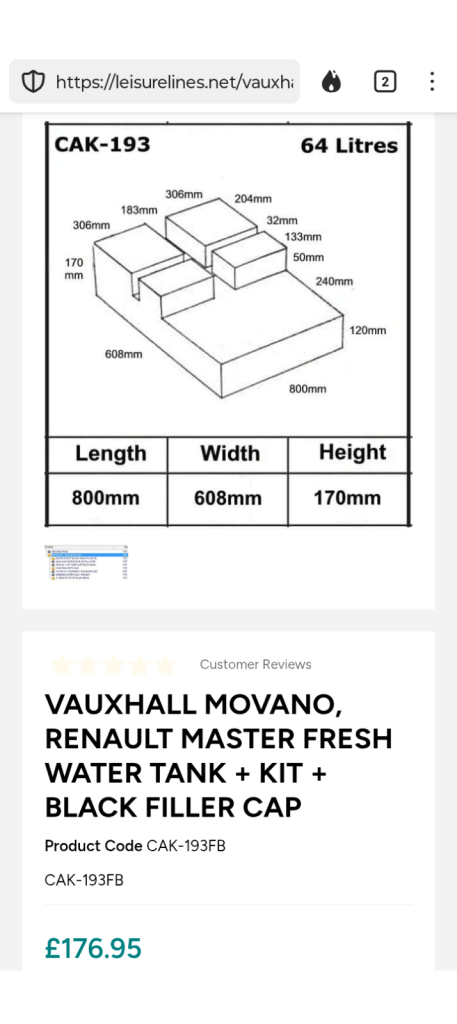 RENAULT MASTER / VAUXHALL MOVANO MK2 FRESH WATER TANK