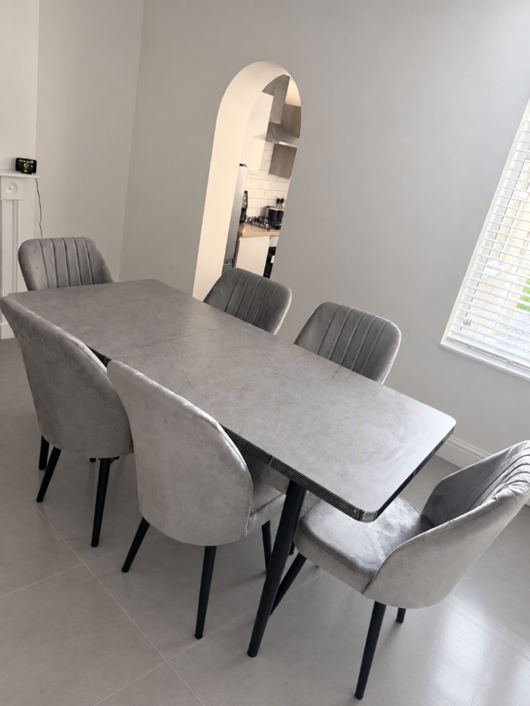 Brand New Grey Extendable Dining Table + 6 Velvet Chairs – £380