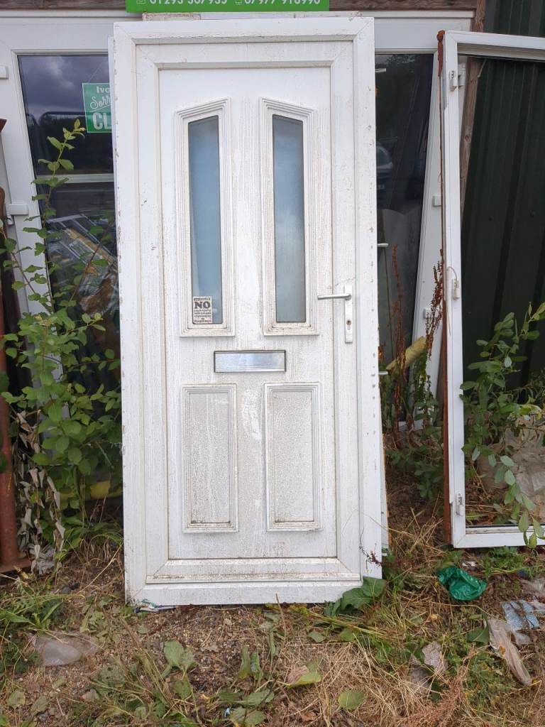 White UPVC External Door with Glass Panels and Letterbox