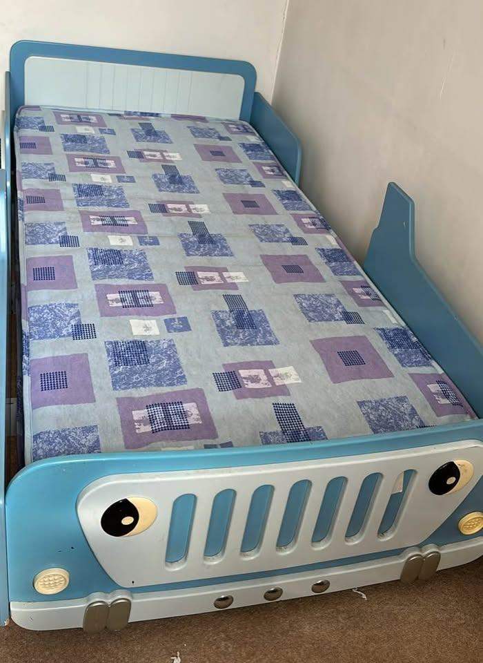 Blue Racing Car Kids Bed + Mattress