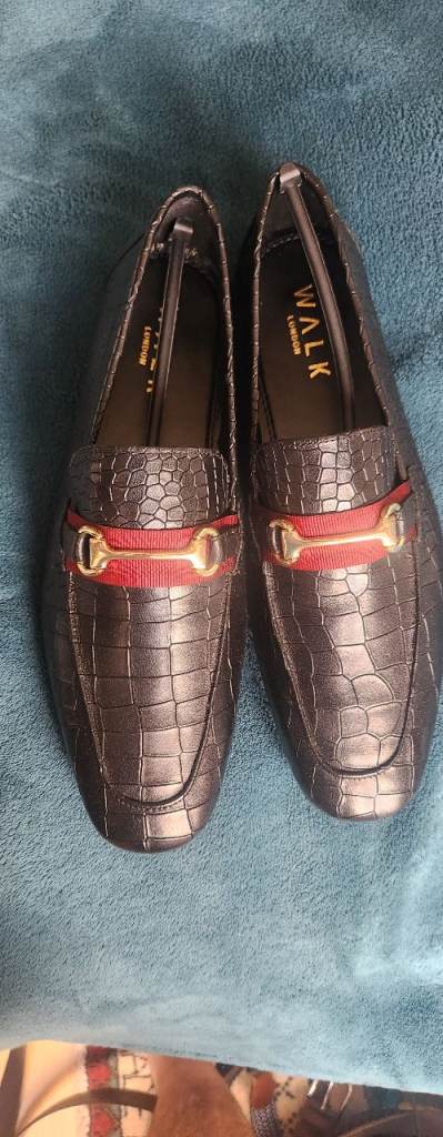 WALK LONDON Mens Loafers - Black Crocodile Embossed, New