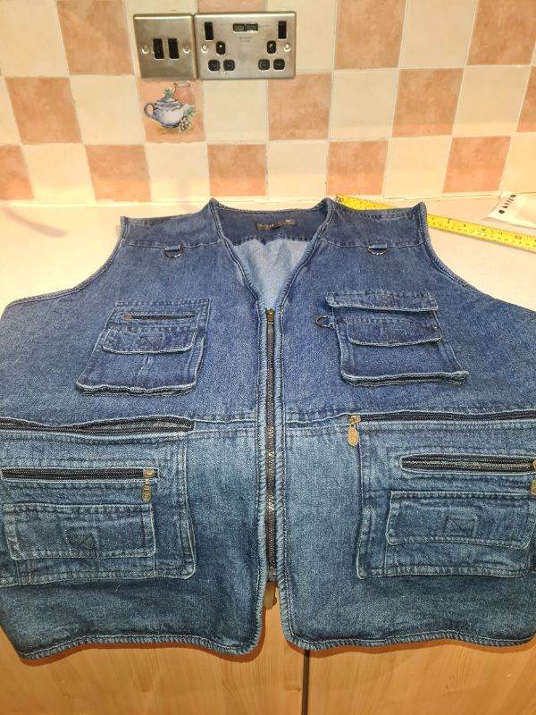 QKM blue denim utility anglers fishing hunting gilet uk3xl 10x exterior pockets 