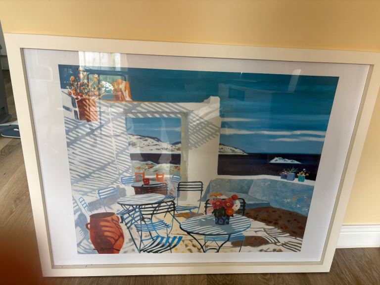 Large Framed Landscape Print – Colourful Terrace Scene