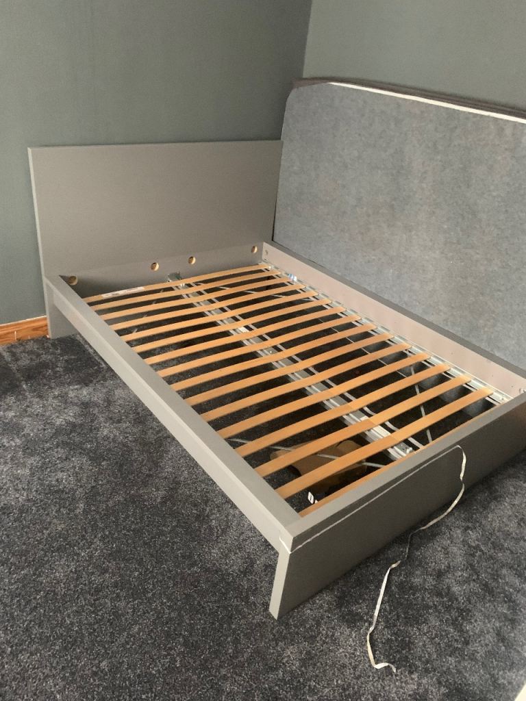 Grey Double Bed Frame with Slats – Good Condition