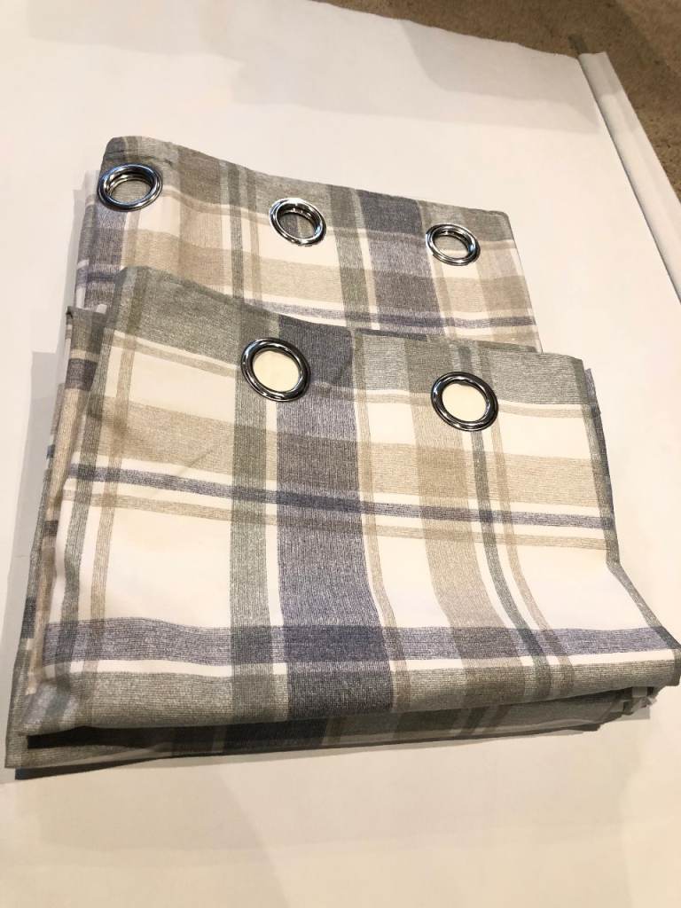 image for Dunelm curtains pair eyelet checkered grey beige blue
