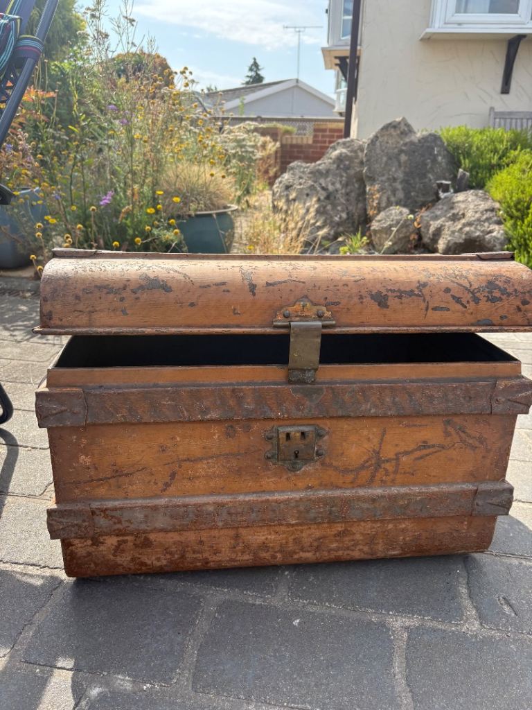 Vintage Metal Trunk Chest - Rustic Appeal, Fair Condition