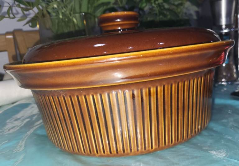 Stoneware Casserole Dish With Lid Salt Glaze Vintage Brown