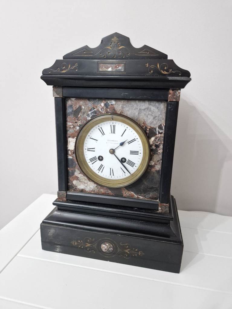 Vintage Antique 1900s Black Very Heavy Marble Mantle Clock