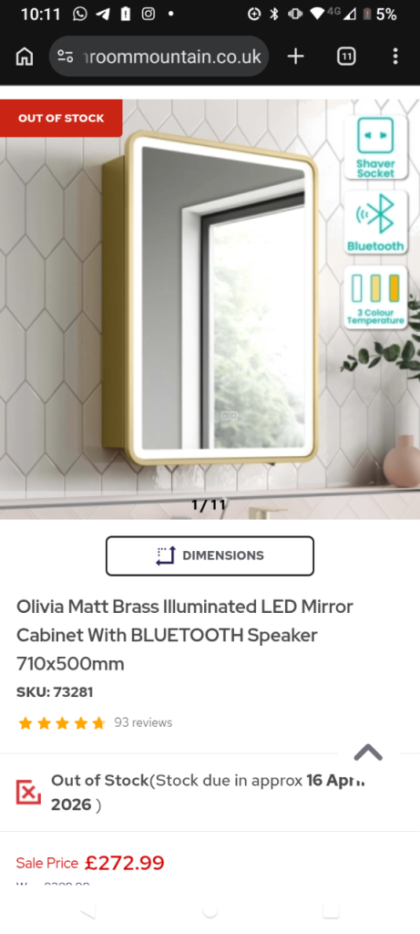 Beautiful top of the range brushed brass/gold bathroom mirror 