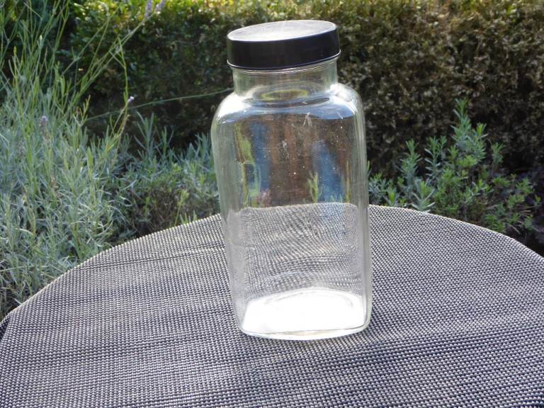 Vintage Clear Glass Sweet Jar with Black Lid, 12" high – Good Condition