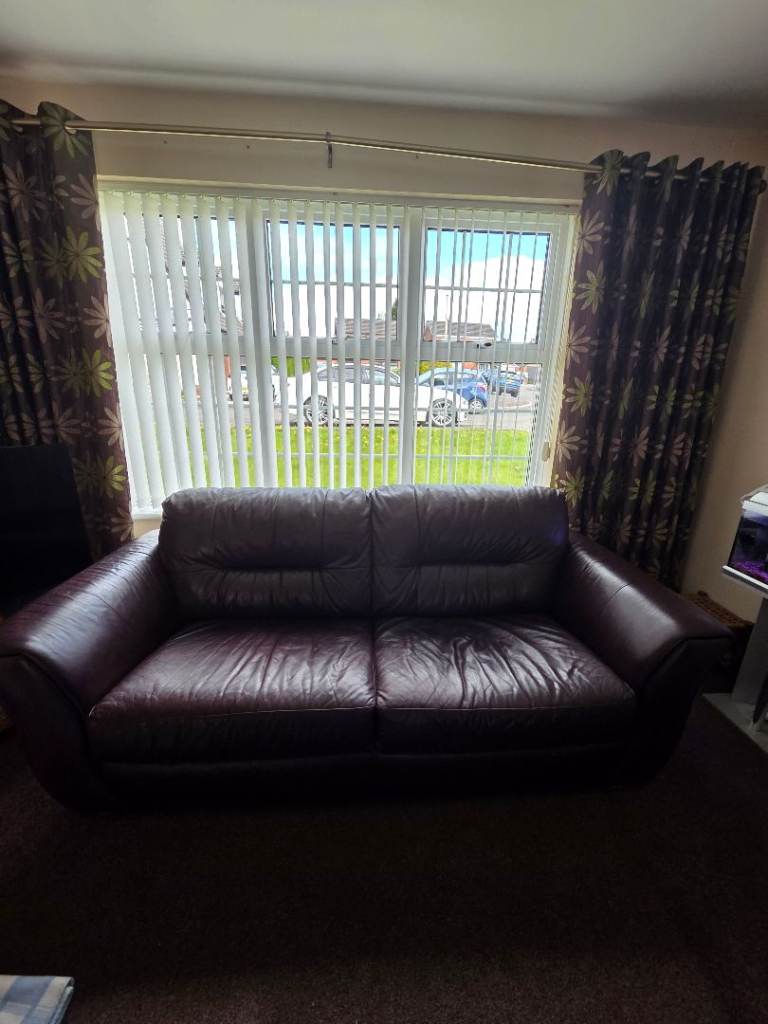 X2 3 seater brown leather sofas and matching footstool