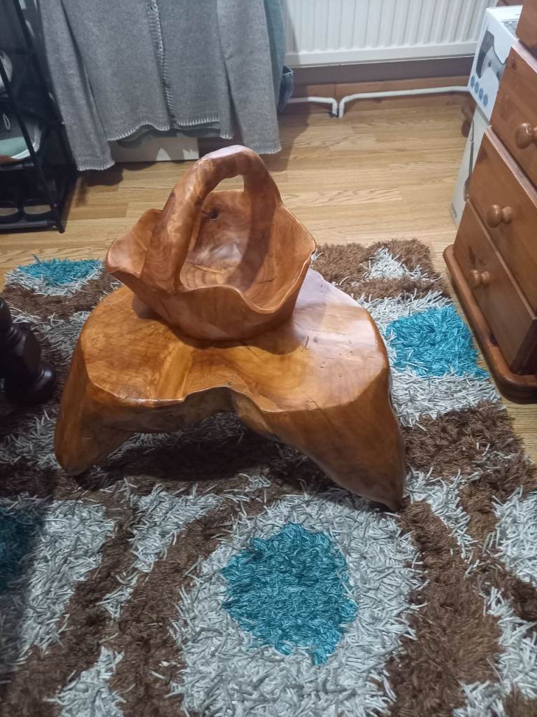 Unique Hand-Carved Wooden Basket and Stand – Good Condition