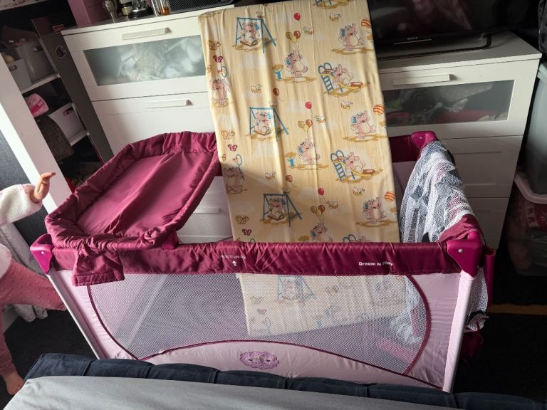 Pink Baby Travel Cot with Mattress – Good Condition