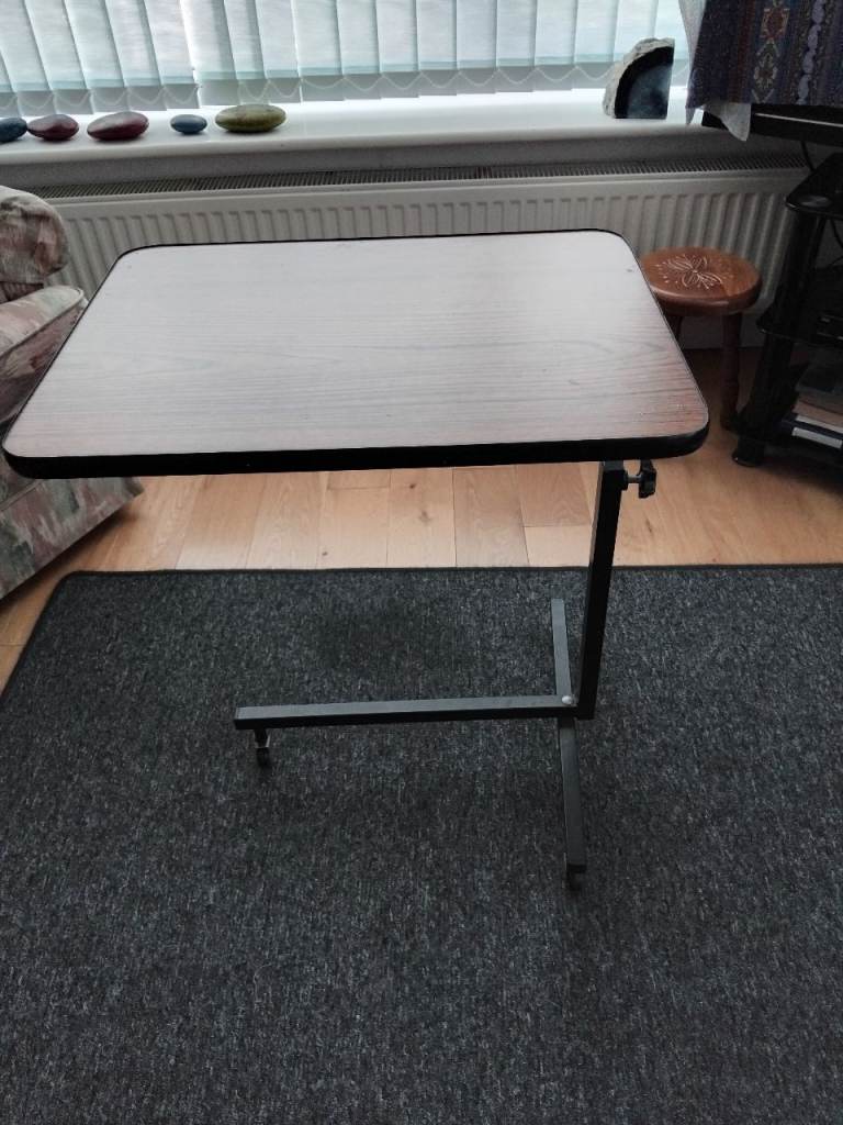 Overbed Table with Wheels - Brown Wood Effect Top, Height Adjustable