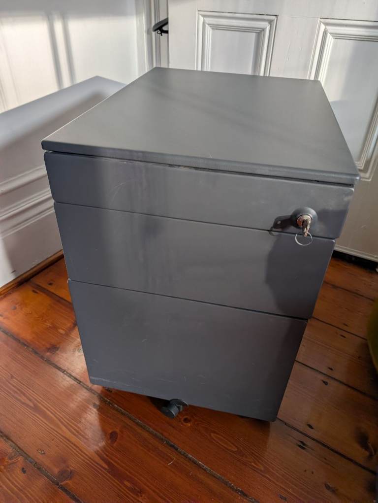 Grey Metal Filing Cabinet with Drawers and Key