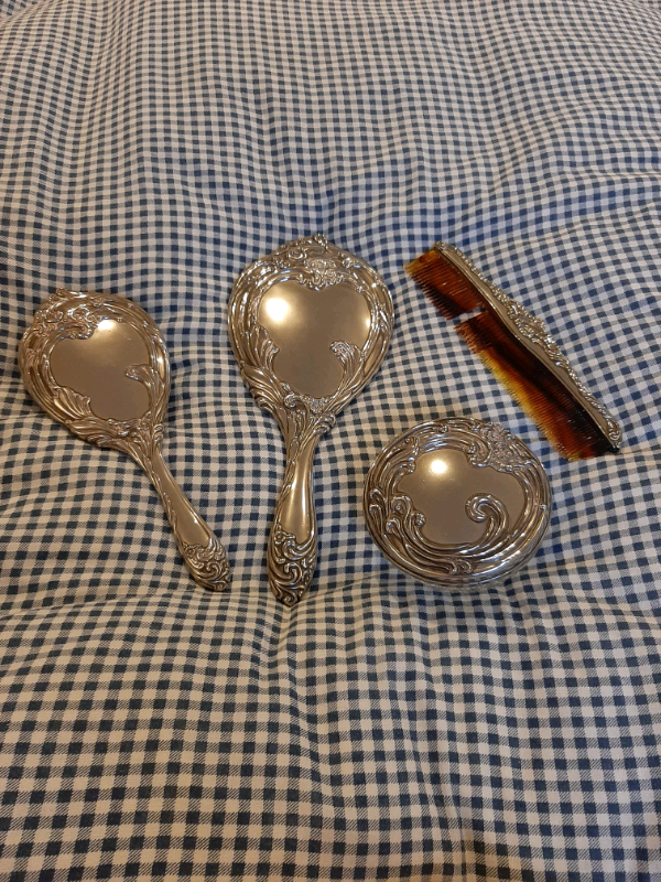 Vintage Art Noveau Floral Metal Vanity Hand Mirror, Brush, Comb & Dish