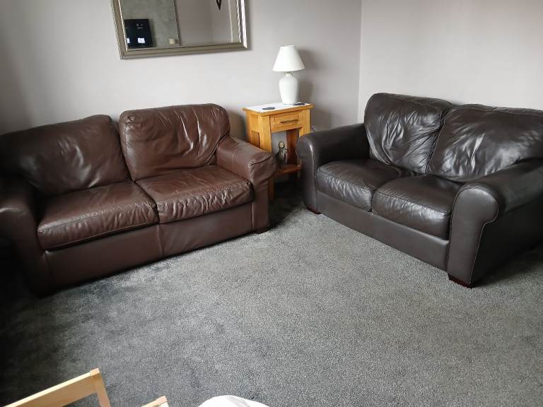 Brown Leather Sofas - Two and Three Seater Set, Good Condition