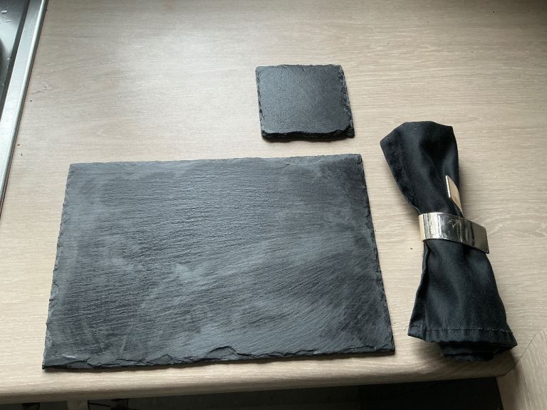 Slate Placemat and Coaster Set x 6 with Black Napkins and Napkin Rings - As Good As New
