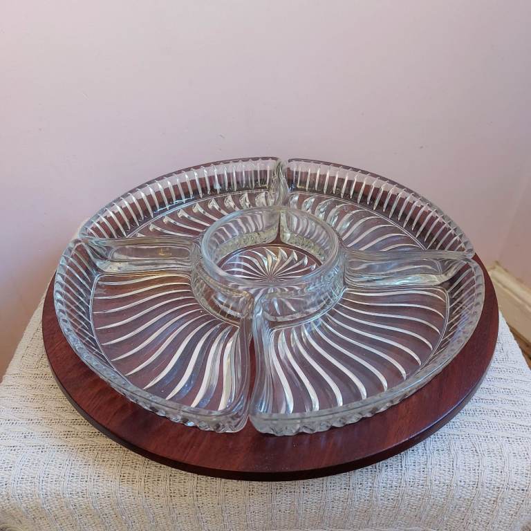 Vintage 1970's Glass Serving Dishes On Wooden Holder Tray 