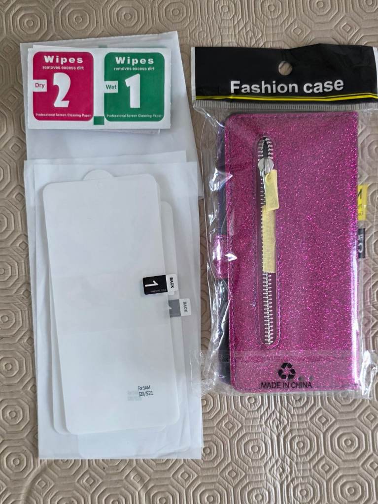 Samsung Galaxy S21 Fashion Case with strap, purple/Pink Glitter. Also S21 Screen Protector 