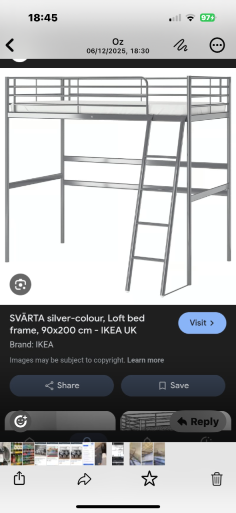 Svarta IKEA single loft bed with mattress 