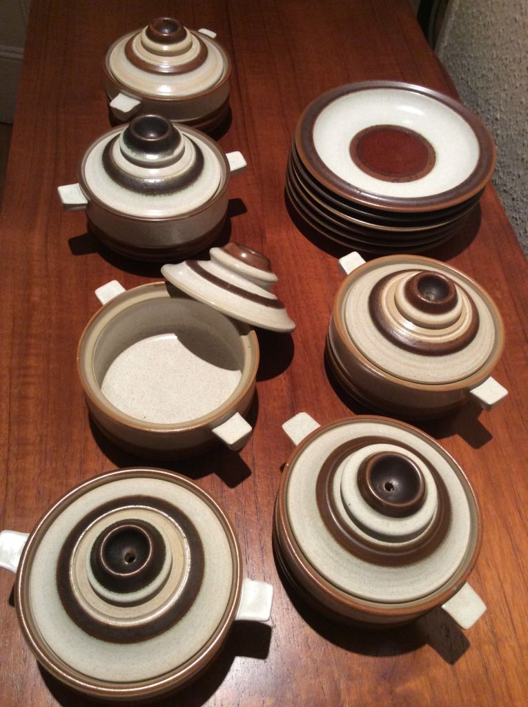 Vintage Denby Potters Wheel 6 soup bowls with lids and bread plates