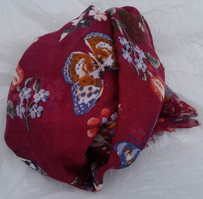 SCARF - BRAND NEW - SUMMER FLOWERS AND BUTTERFLY DESIGN FEATHERED ENDS LIGHT SILKY FLOWING CHIFFON 