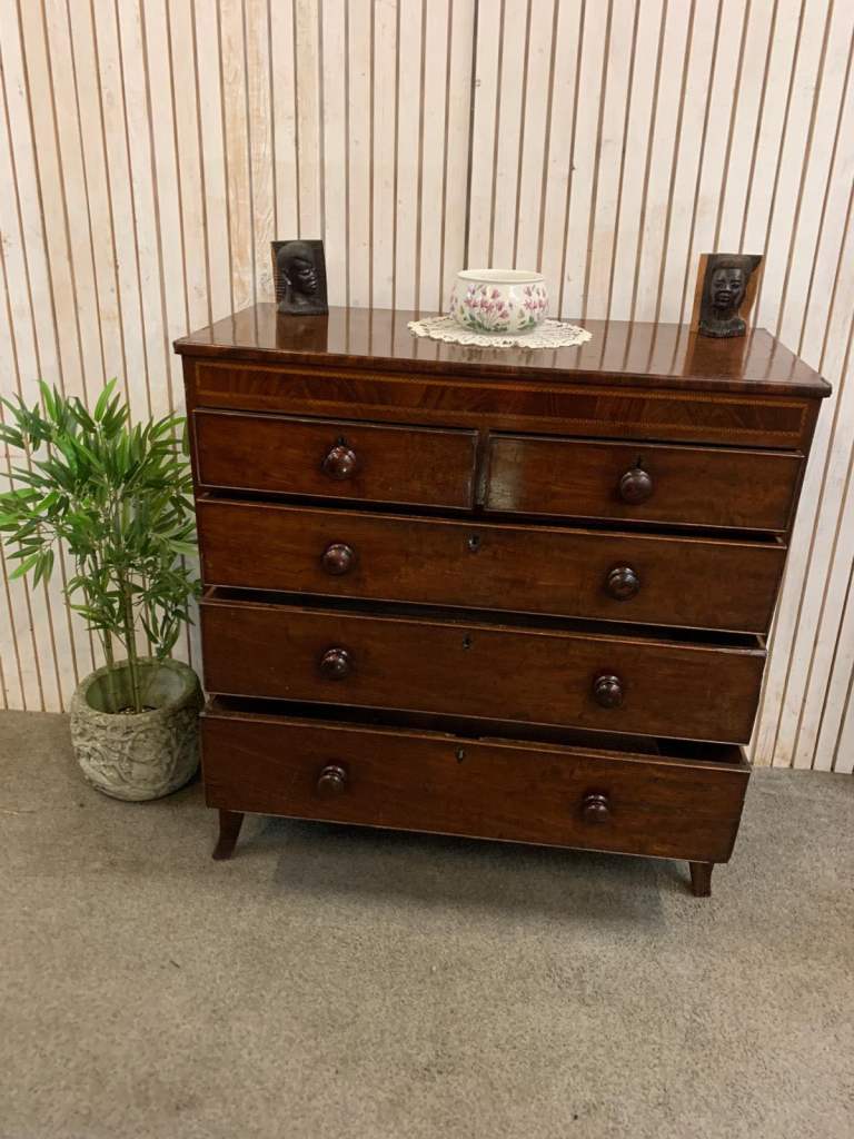 Antique Style Mahogany Chest of Drawers – 2 Over 3 – Brass Keyholes.