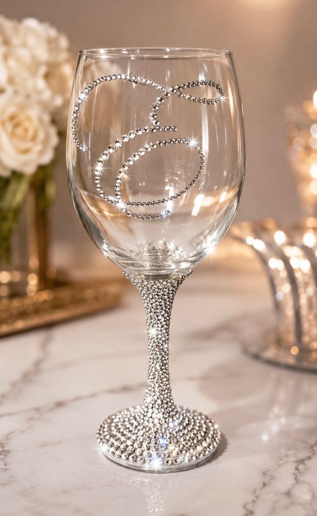 Sparkly Initial 'E' Wine Glass - New