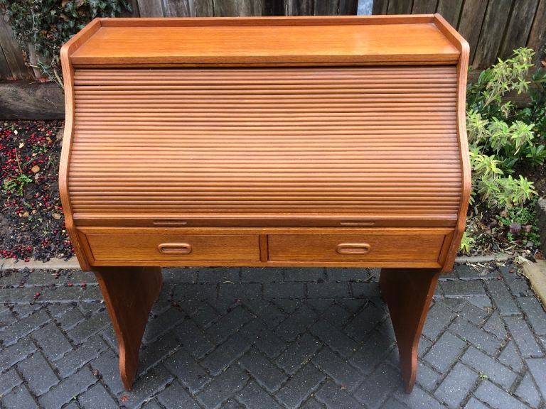 Vintage Piano Side Table Writing Desk Tambour Door 