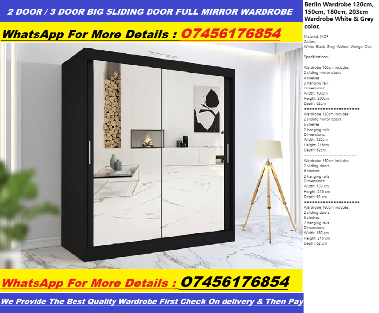 2 Fully Mirrored Sliding Doors Wardrobe With Multiple Shelves & Hanging