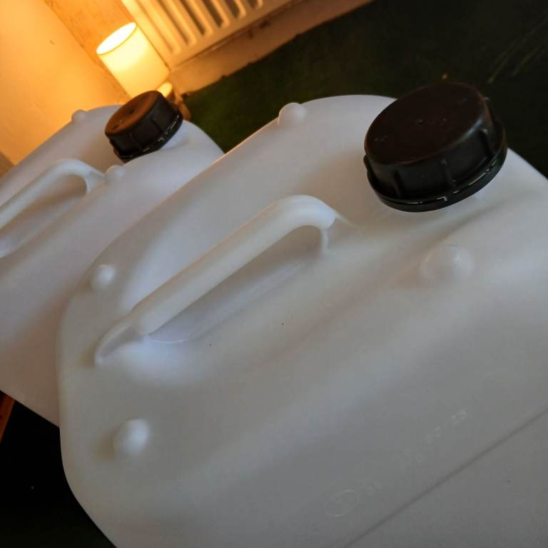 Two 25L White Plastic Containers with Screw Tops
