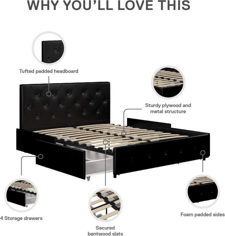 King Size PU Leather Bed Frame + 4 Huge Under-Bed Storage Drawers – Modern & Stylish 