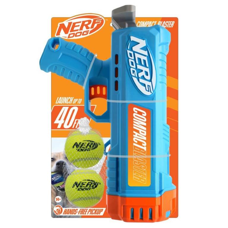 Nerf Dog Compact Blaster Light Blue Orange and Gray and 2.5in Non Squeak Tennis Ball Yellow 12in 2pk