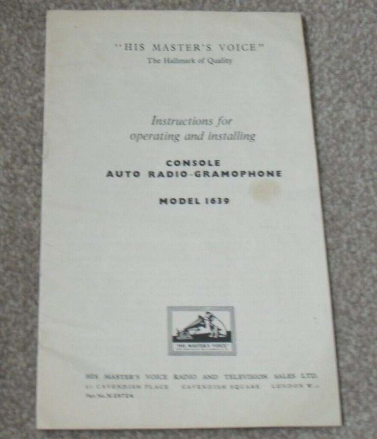 His Master's Voice Model 1639 Console Auto Radio-Gramaphone Manual