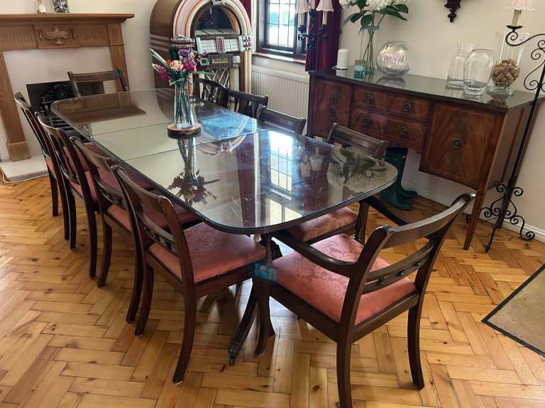 Solid Wood Dining Suite – Seats 10-12 –  Full set with 12 matching Chairs, Sideboard & Serving Table