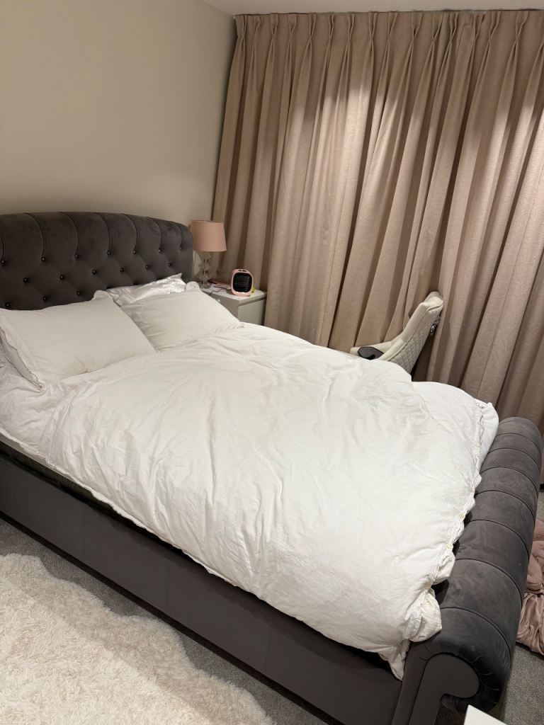 Dreams Grey Velvet Double Bed Frame with matching ottoman – Good Condition