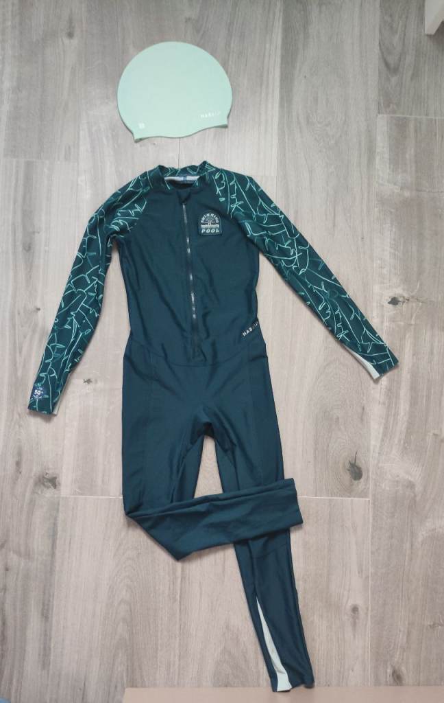 Green Full Body Swimsuit with Matching Cap