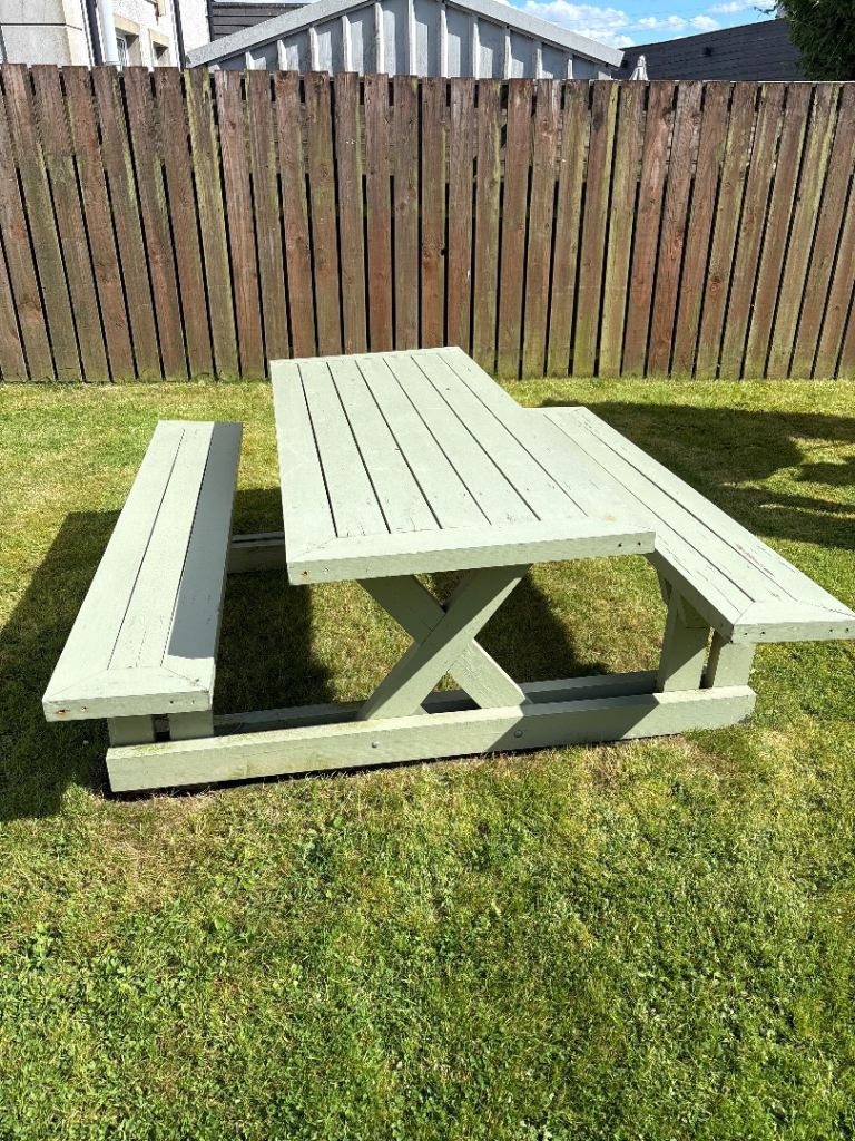 Wooden Picnic Bench Table with Seats – Green, Good Condition