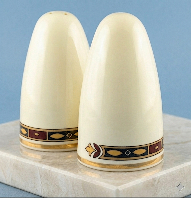 CLASSIC DESIGNED CERAMIC CRUET SET - SALT and PEPPER - 7.5 x 4 cm VERY GOOD