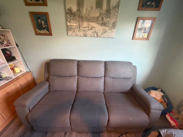 Grey Fabric Sofa and Recliner Chair Set – Good Condition