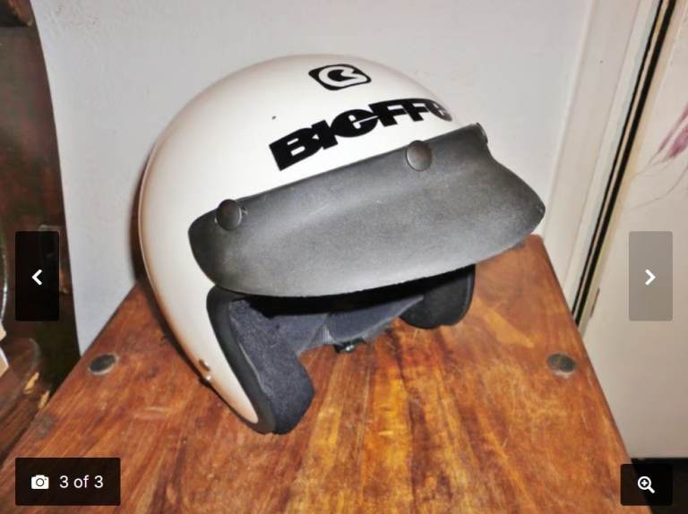 WHITE VINTAGE RETRO BIEFFE MOTORCYCLE HELMET (OPEN FACE WITH BLACK VISOR)