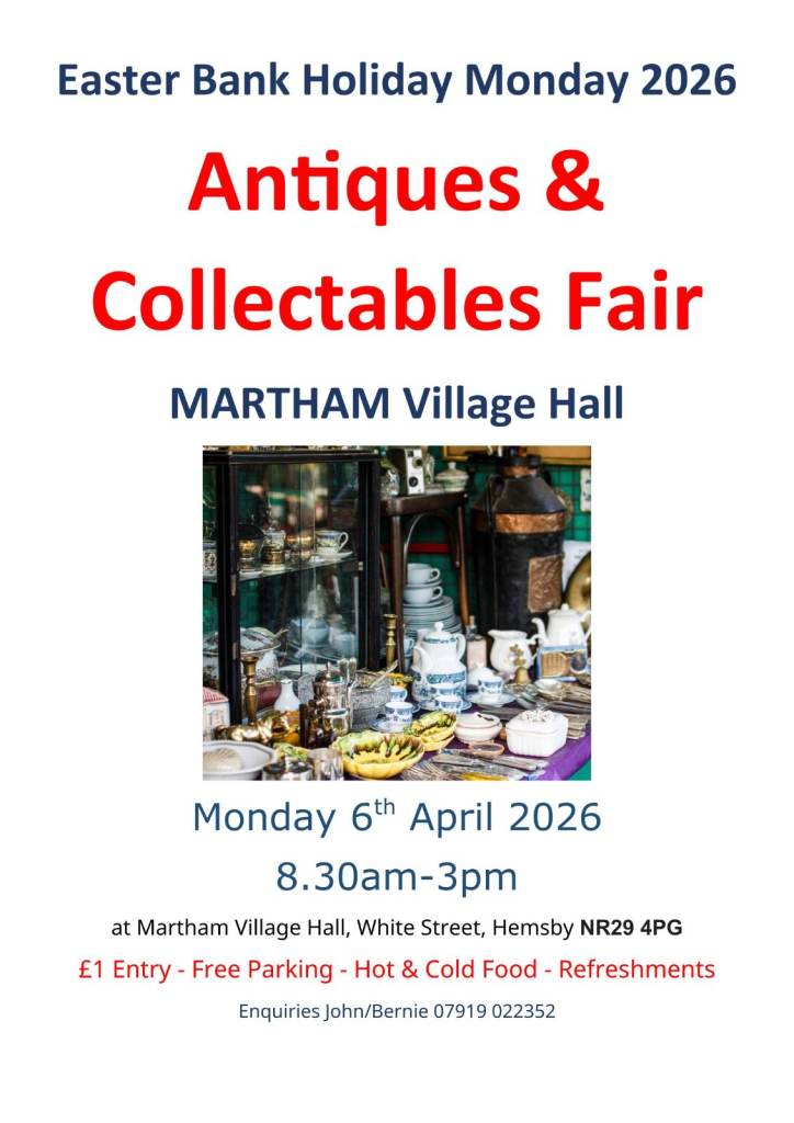 Antiques & Collectables Fair Martham Easter Mon 6th April 2026 8.30am-3pm