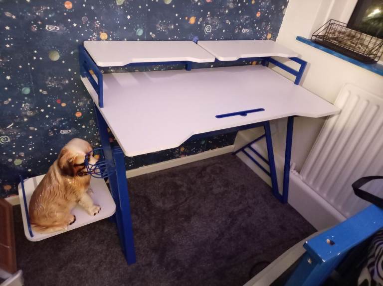 White and blue computer desk 