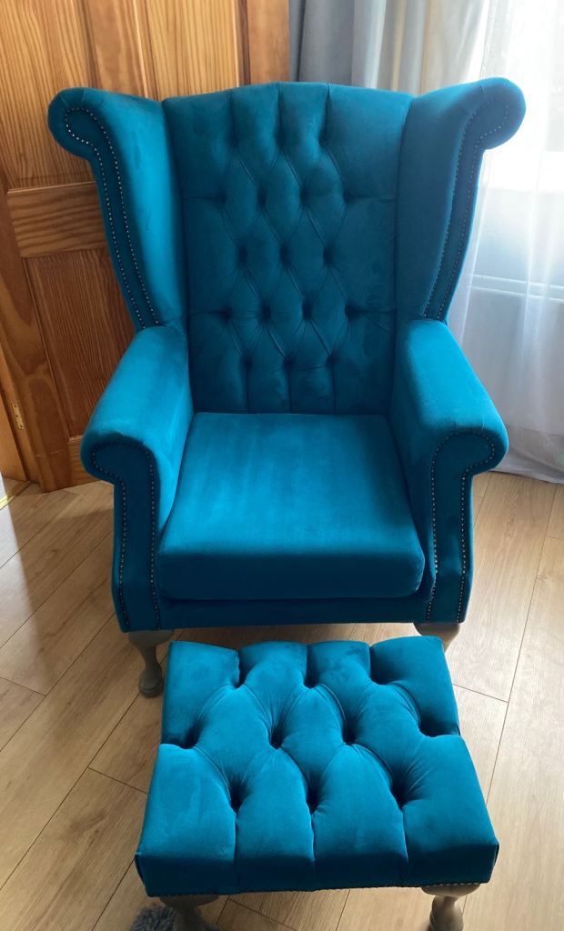 Queen Anne wing chair + footstool 