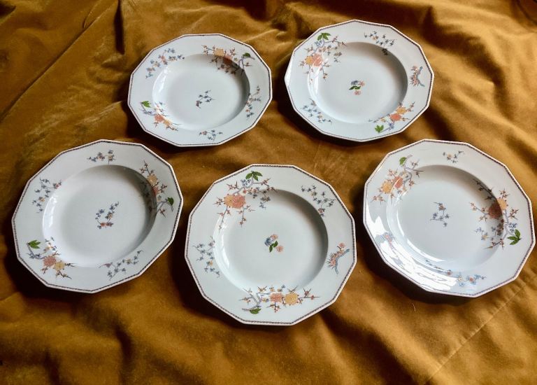 A Nice Set of 5 x no A. Lanternier Limoges Soup Bowls with Asian Floral Pattern